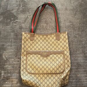 Gucci Beige Monogram Canvas Tote with Green and Red Straps